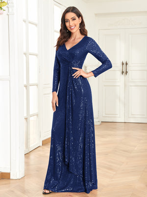 Sequin V-Neck Long Sleeves A-Line Floor Length Prom/Evening Dress