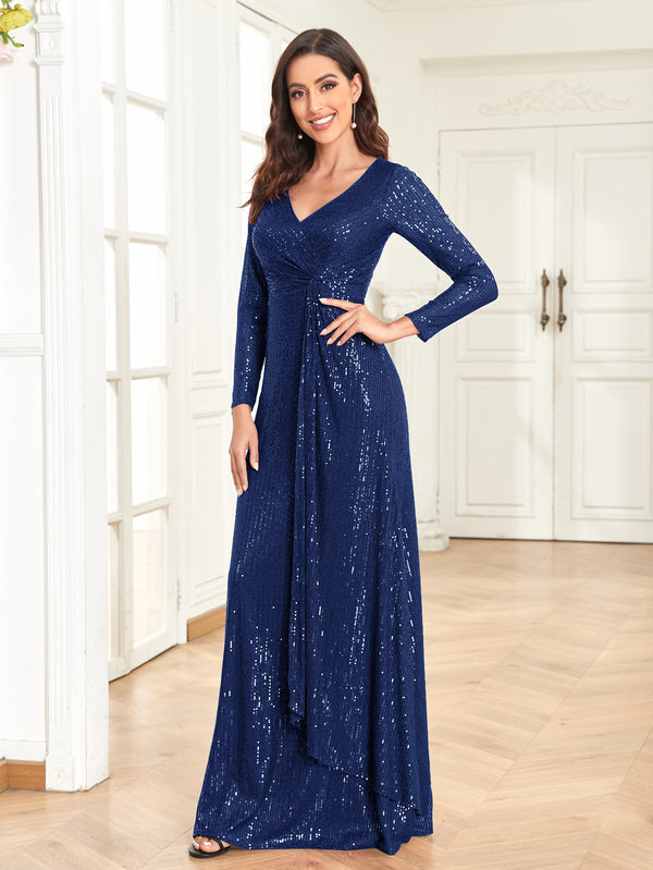 Sequin V-Neck Long Sleeves A-Line Floor Length Prom/Evening Dress