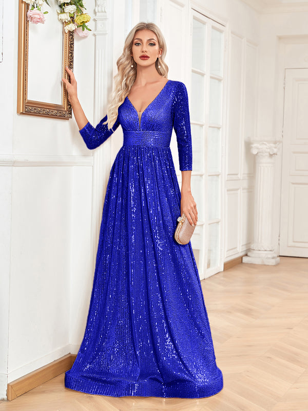 Sequin V-Neck Long Sleeveless A-Line Floor Length Navy Blue Prom/Evening Dress
