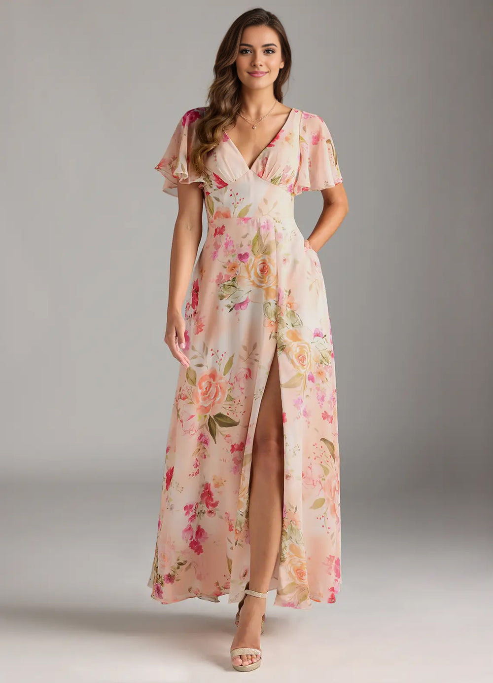 A-line V-Neck Floor-Length Chiffon Floral Bridesmaid Dress