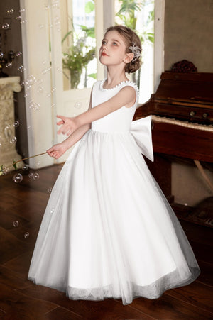 Ball-Gown/Princess V-Neck Floor-Length Tulle/Satin Flower Girl Dress With Bow