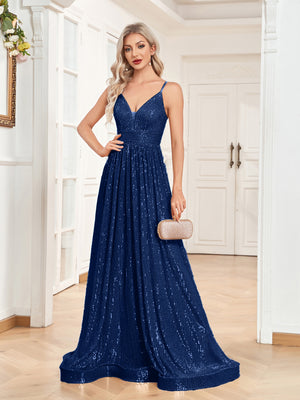 Sequin V-Neck Spaghetti Straps A-Line Floor Length Prom/Evening Dress