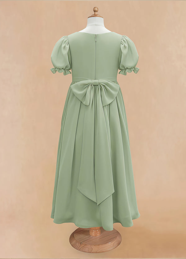 A-line Scoop-Neck Short Sleeves Chiffon Junior Bridesmaid Dress