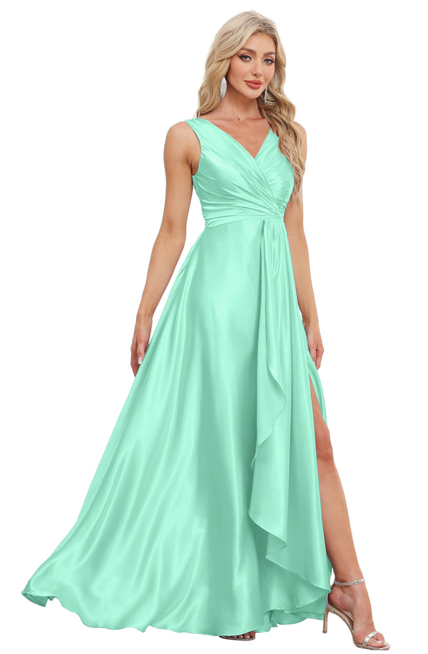 A-line V-Neck Floor-Length Satin Bridesmaid Dress