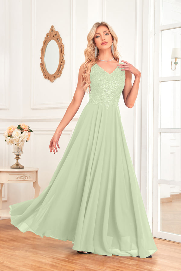 Sleeveless A-Line Floor Length Chiffon Lace V-Neck Bridesmaid Dress