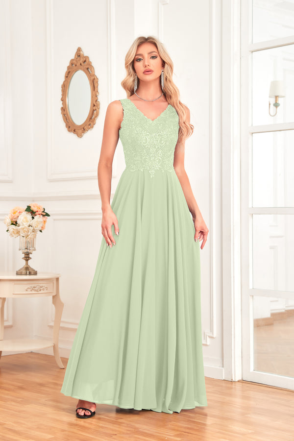 Sleeveless A-Line Floor Length Chiffon Lace V-Neck Bridesmaid Dress