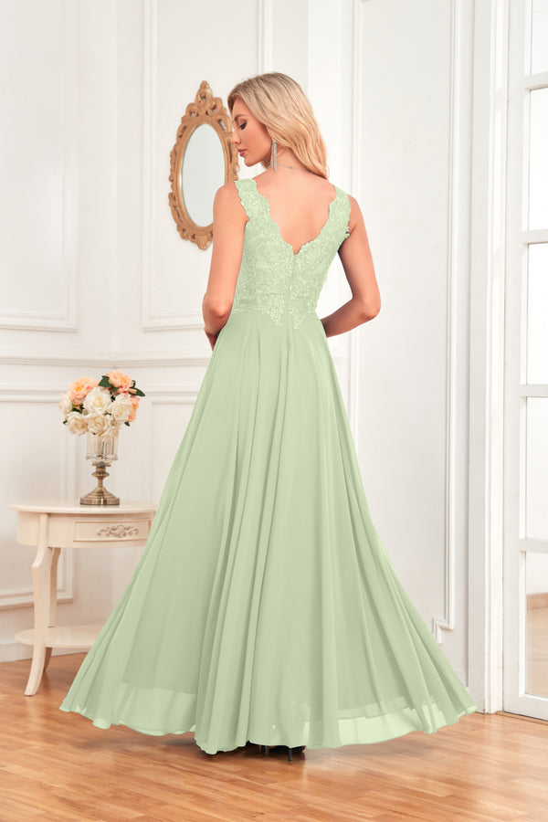 Sleeveless A-Line Floor Length Chiffon Lace V-Neck Bridesmaid Dress