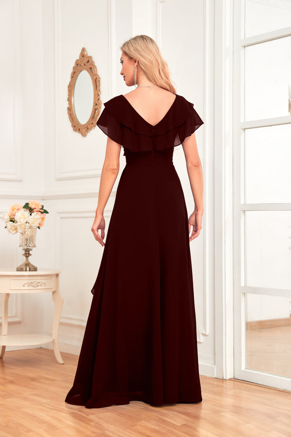 A-line V-Neck Floor-Length Chiffon Dress With Ruffle