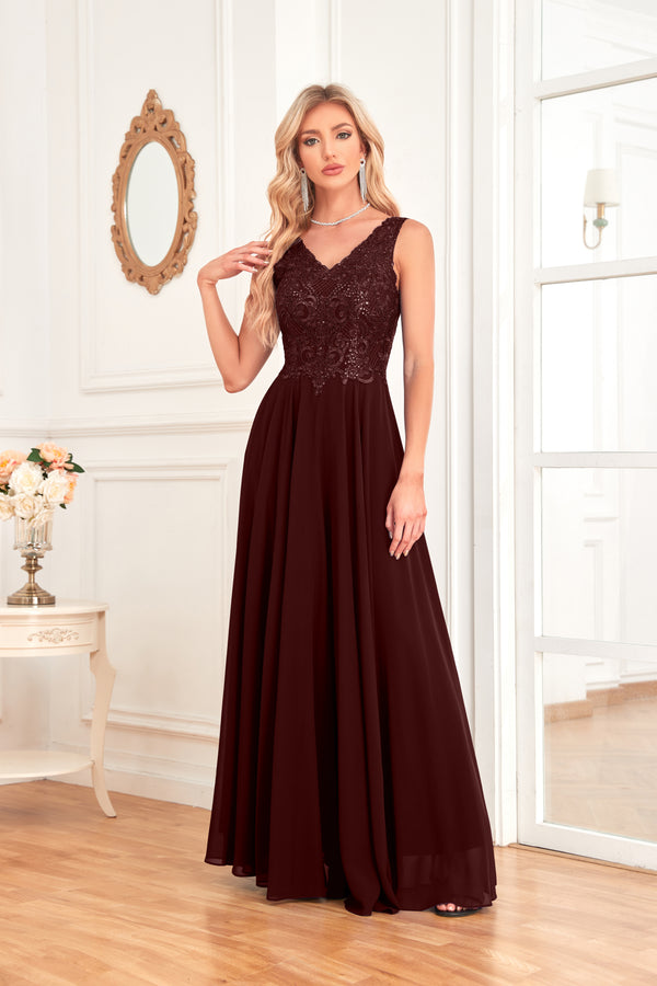 Sleeveless A-Line Floor Length Chiffon Lace V-Neck Bridesmaid Dress