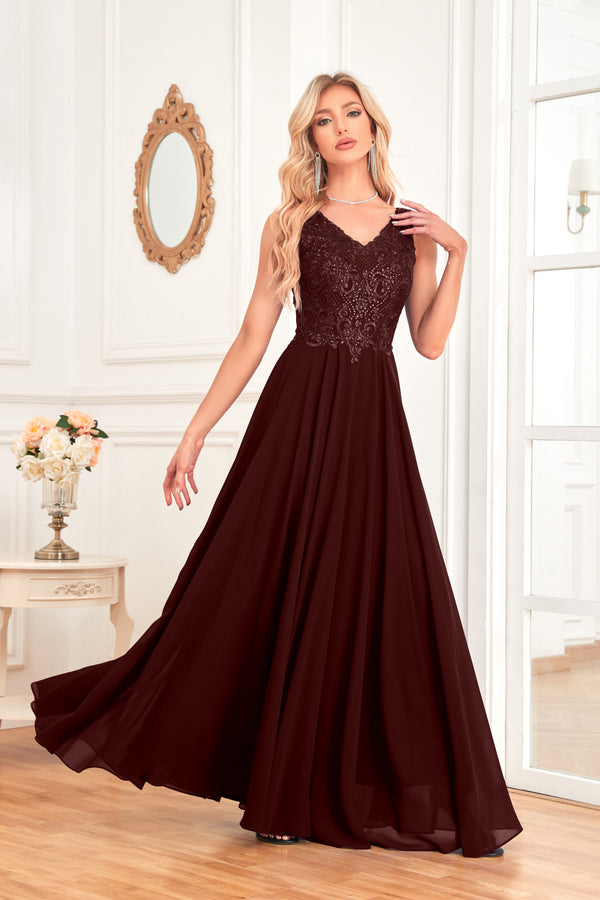 Sleeveless A-Line Floor Length Chiffon Lace V-Neck Bridesmaid Dress