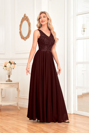 Sleeveless A-Line Floor Length Chiffon Lace V-Neck Bridesmaid Dress