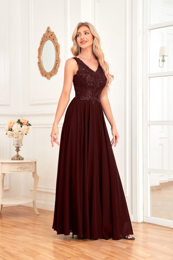 Sleeveless A-Line Floor Length Chiffon Lace V-Neck Bridesmaid Dress