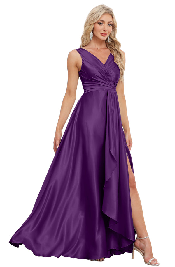 A-line V-Neck Floor-Length Satin Bridesmaid Dress