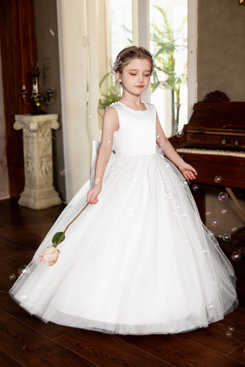 Ball-Gown/Princess V-Neck Floor-Length Tulle/Satin Flower Girl Dress With Bow