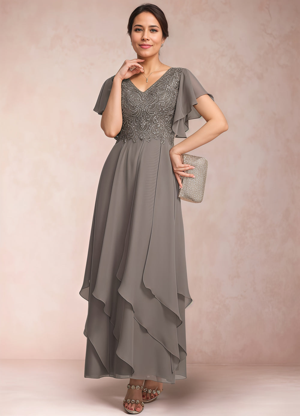 A-line V-Neck Ankle-Length Lace Chiffon Mother of the Bride Dress With Cascading Ruffles