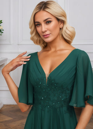 A-line V-Neck Floor-Length Chiffon Mother of the Bride Dress With Sequins Appliques Lace Pleated