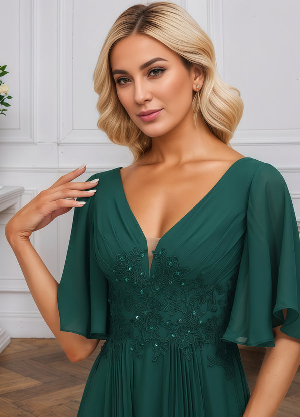 A-line V-Neck Floor-Length Chiffon Mother of the Bride Dress With Sequins Appliques Lace Pleated