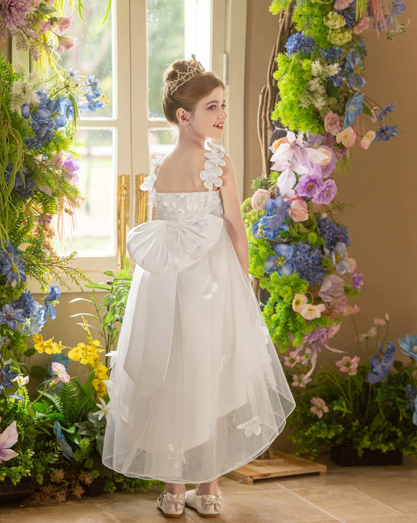 Ball-Gown/Princess V-Neck Asymmetrical Tulle Flower Girl Dress With Beading/3D Floral/Bow