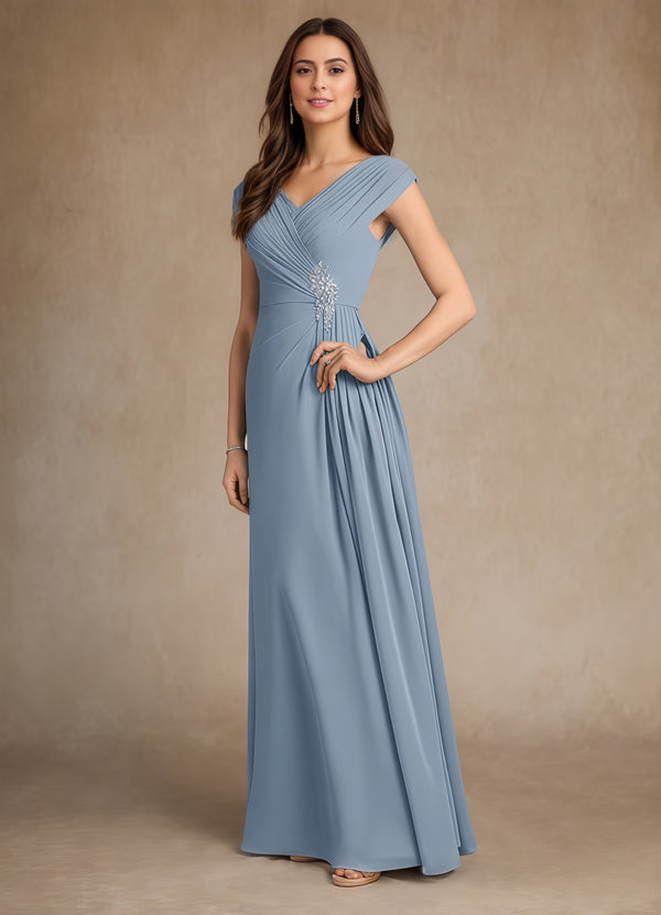 A-line V-Neck Floor-Length Chiffon Mother of the Bride Dress With Pleated Sequins