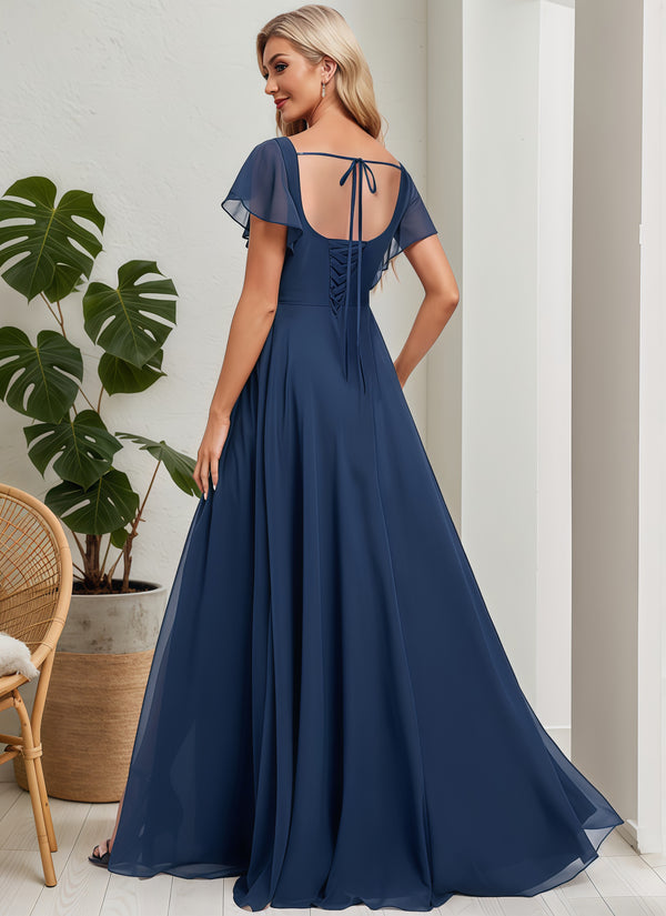 A-line V-Neck Floor-Length Chiffon Bridesmaid Dress With Ruffle