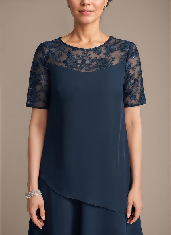 A-line Scoop Illusion Knee-Length Lace Chiffon Mother of the Bride Dress With Sequins
