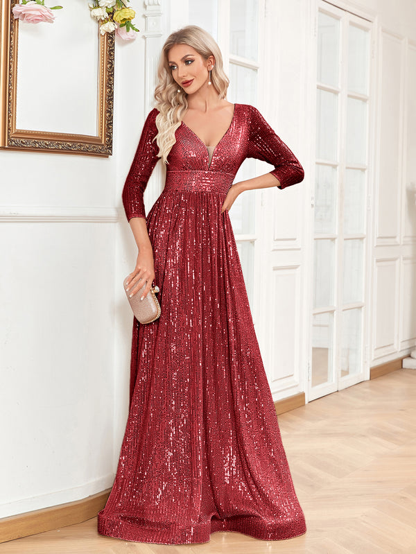 Sequin V-Neck Long Sleeveless A-Line Floor Length Navy Blue Prom/Evening Dress