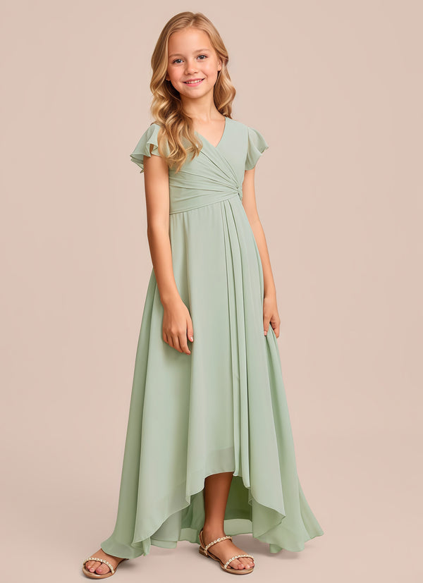 A-line V-Neck Asymmetrical Chiffon Junior Bridesmaid Dress