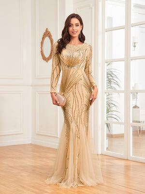 Scoop Sequin Tulle Mermaid/Trumpet Long Sleevess Sweep Train Empire Waist Prom Dress