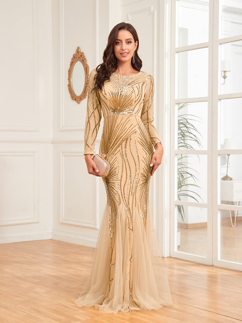 Scoop Sequin Tulle Mermaid/Trumpet Long Sleevess Sweep Train Empire Waist Prom Dress