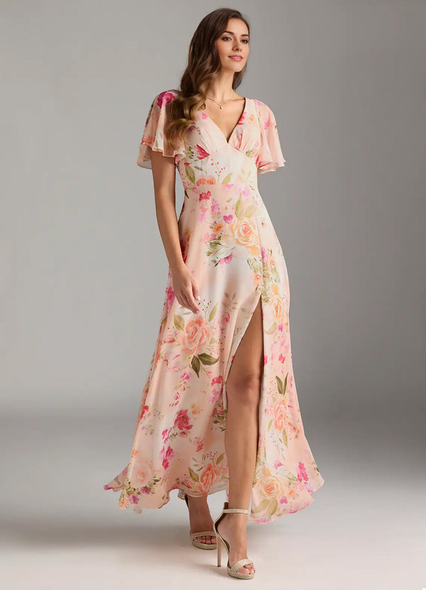 A-line V-Neck Floor-Length Chiffon Floral Bridesmaid Dress