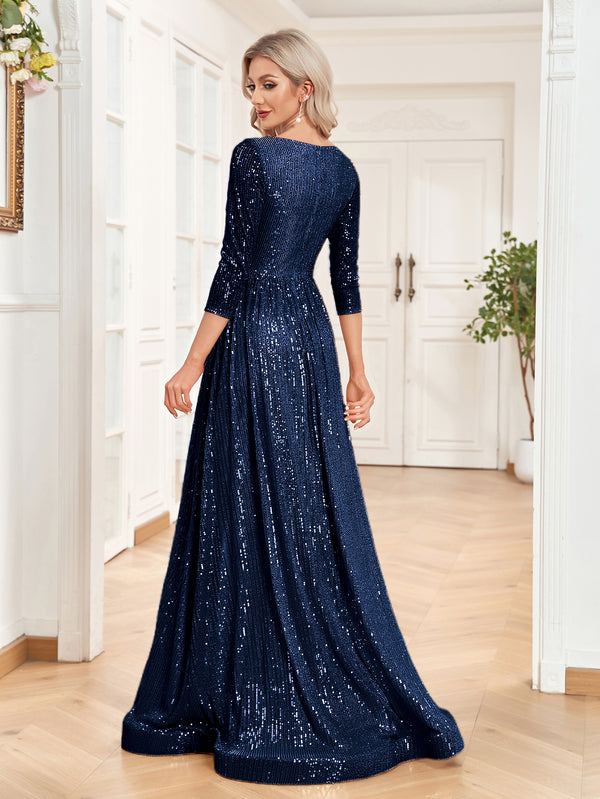 Sequin V-Neck Long Sleeveless A-Line Floor Length Navy Blue Prom/Evening Dress