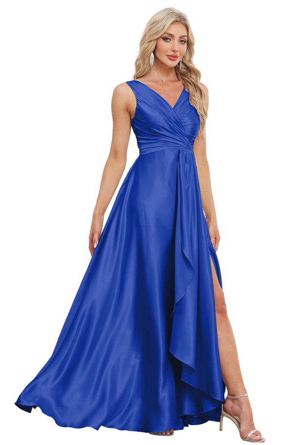 A-line V-Neck Floor-Length Satin Bridesmaid Dress