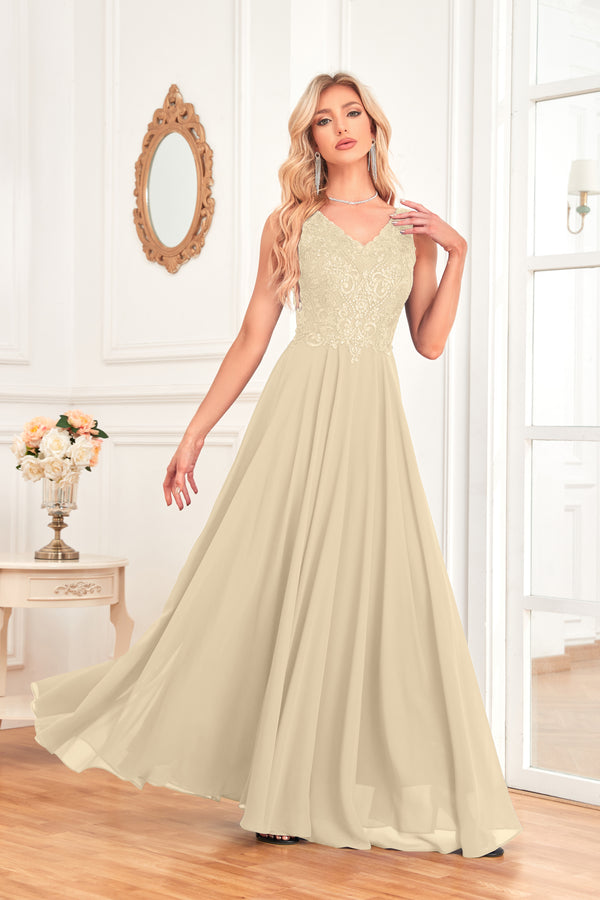 Sleeveless A-Line Floor Length Chiffon Lace V-Neck Bridesmaid Dress