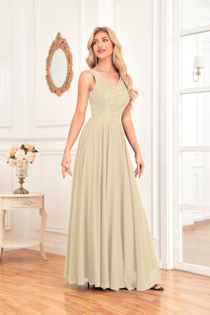 Sleeveless A-Line Floor Length Chiffon Lace V-Neck Bridesmaid Dress