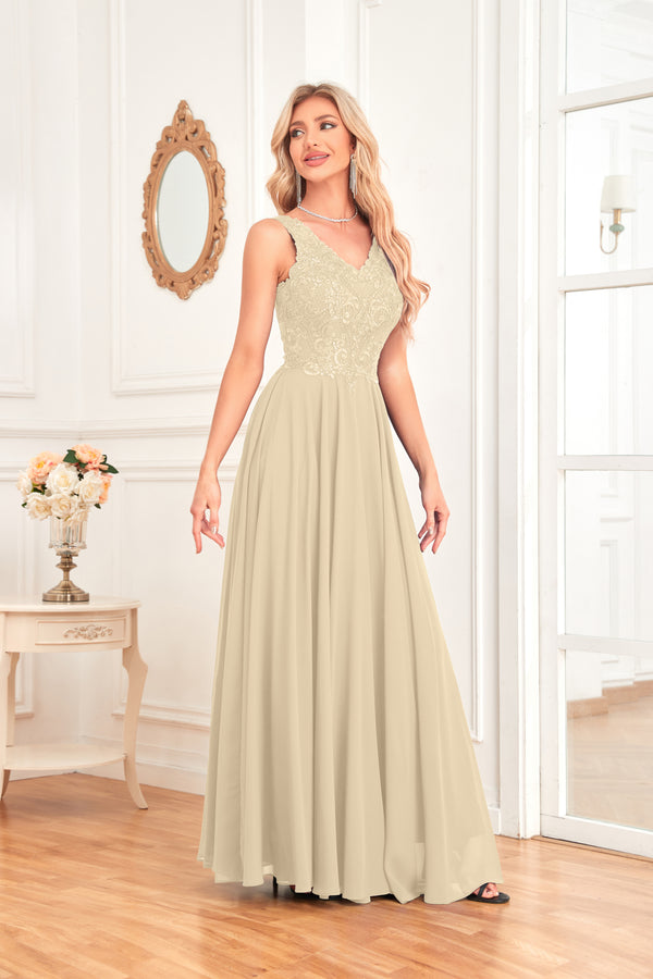 Sleeveless A-Line Floor Length Chiffon Lace V-Neck Bridesmaid Dress