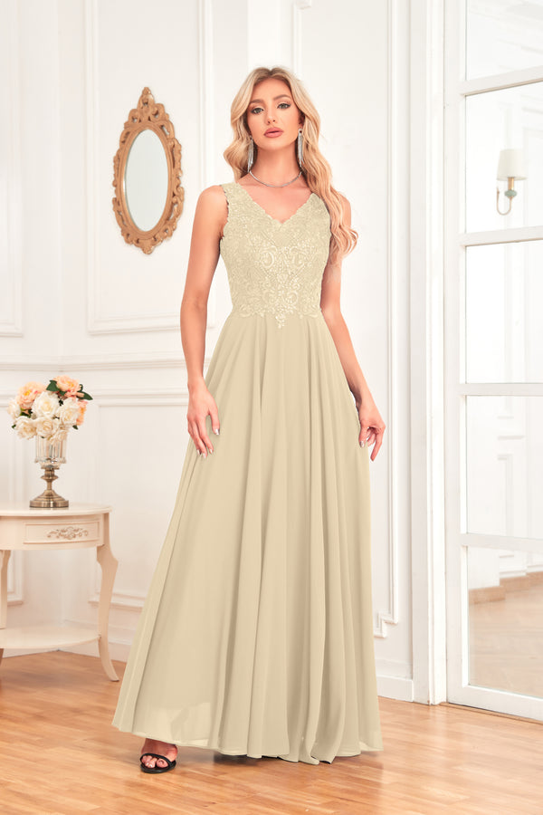 Sleeveless A-Line Floor Length Chiffon Lace V-Neck Bridesmaid Dress