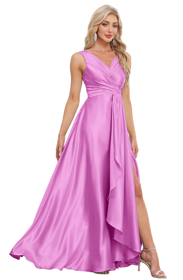 A-line V-Neck Floor-Length Satin Bridesmaid Dress