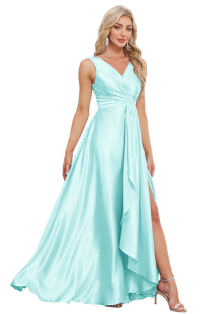 A-line V-Neck Floor-Length Satin Bridesmaid Dress