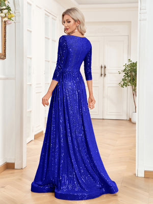 Sequin V-Neck Long Sleeveless A-Line Floor Length Navy Blue Prom/Evening Dress