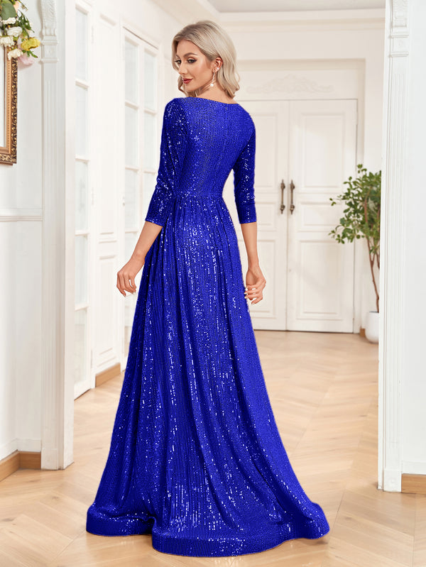 Sequin V-Neck Long Sleeveless A-Line Floor Length Navy Blue Prom/Evening Dress