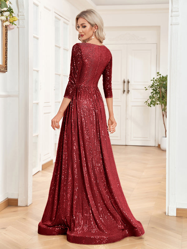 Sequin V-Neck Long Sleeveless A-Line Floor Length Navy Blue Prom/Evening Dress