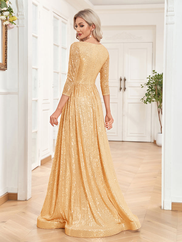 Sequin V-Neck Long Sleeveless A-Line Floor Length Gold Prom/Evening Dress