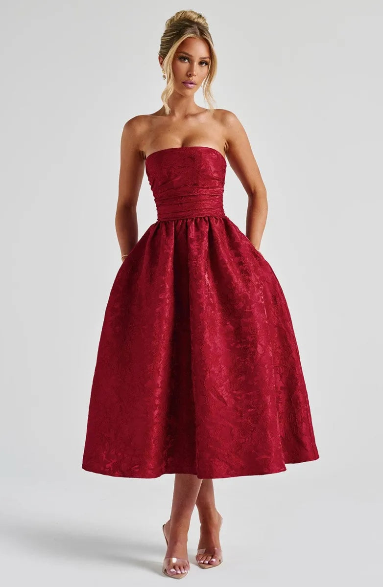 A-Line Strapless Tea-Length Jacquard Prom Dresses