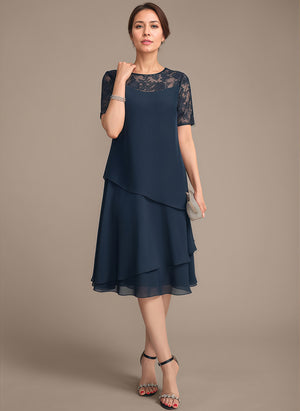 A-line Scoop Illusion Knee-Length Lace Chiffon Mother of the Bride Dress With Sequins