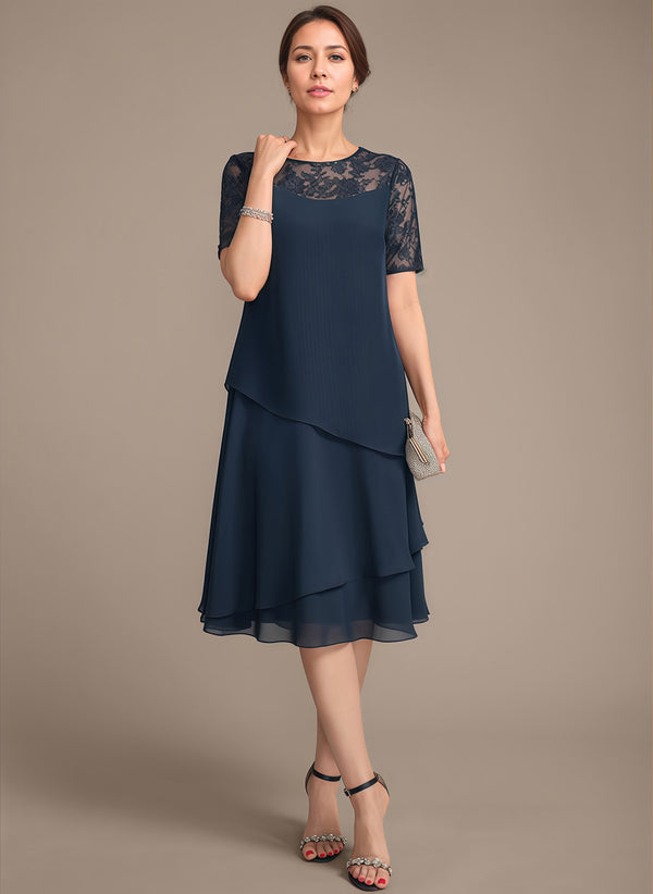 A-line Scoop Illusion Knee-Length Lace Chiffon Mother of the Bride Dress With Sequins