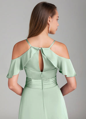 A-line Cold Shoulder Floor-Length Satin Bridesmaid Dress With Ruffle