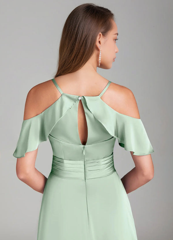 A-line Cold Shoulder Floor-Length Satin Bridesmaid Dress With Ruffle
