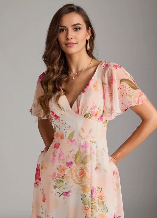 A-line V-Neck Floor-Length Chiffon Floral Bridesmaid Dress