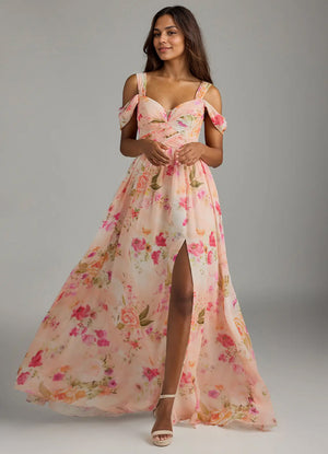 A-line Cold Shoulder Floor-Length Chiffon Bridesmaid Dress With Slit