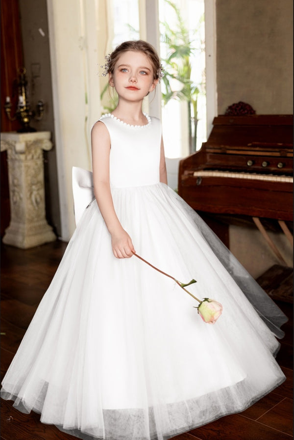 Ball-Gown/Princess V-Neck Floor-Length Tulle/Satin Flower Girl Dress With Bow